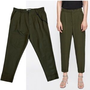 Zara khaki green high waisted slim tapered ankle length pleated pants Sz L